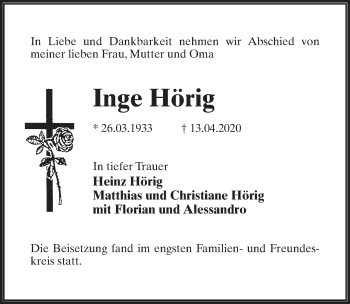 Traueranzeige von Inge Hörig von Märkischen Allgemeine Zeitung