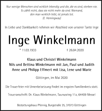 Traueranzeige von Inge Winkelmann von Göttinger Tageblatt