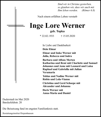 Traueranzeige von Inge Lore Werner von Eichsfelder Tageblatt