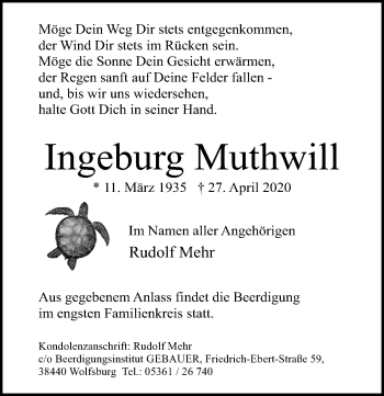 Traueranzeige von Ingeburg Muthwill von Aller Zeitung