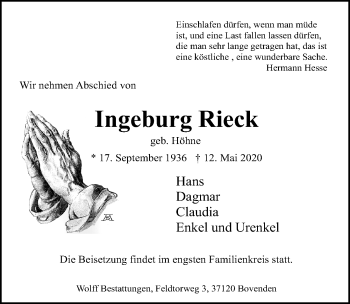 Traueranzeige von Ingeburg Rieck von Göttinger Tageblatt