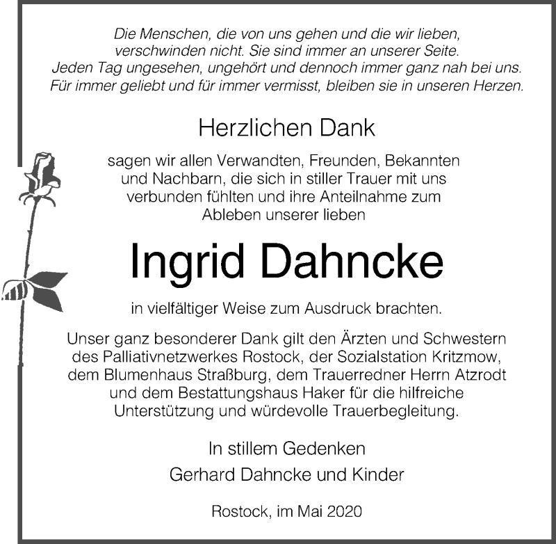  Traueranzeige für Ingrid Dahncke vom 23.05.2020 aus Ostsee-Zeitung GmbH