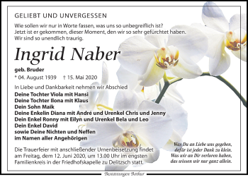 Traueranzeige von Ingrid Naber von Leipziger Volkszeitung