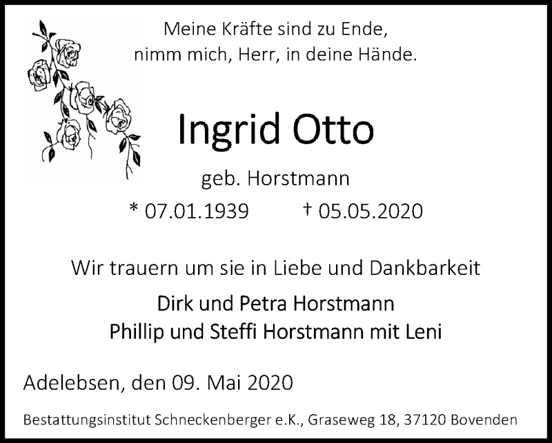  Traueranzeige für Ingrid Otto vom 09.05.2020 aus Göttinger Tageblatt