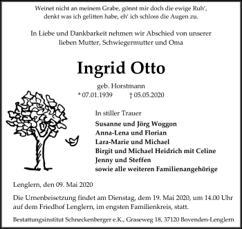 Traueranzeige von Ingrid Otto von Göttinger Tageblatt