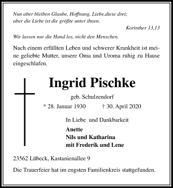 Traueranzeige von Ingrid Pischke von Lübecker Nachrichten