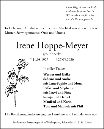 Traueranzeige von Irene Hoppe-Meyer von Hannoversche Allgemeine Zeitung/Neue Presse