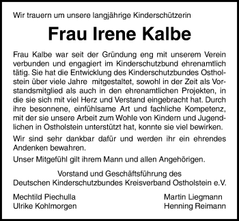 Traueranzeige von Irene Kalbe von Lübecker Nachrichten