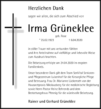 Traueranzeige von Irma Grüneklee von Göttinger Tageblatt