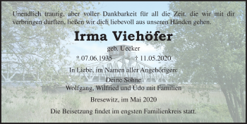 Traueranzeige von Irma Viehöfer von Ostsee-Zeitung GmbH