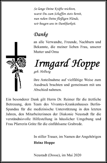 Traueranzeige von Irmgard Hoppe