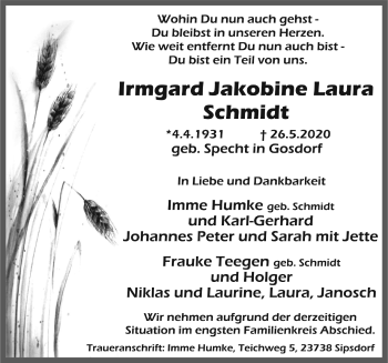 Traueranzeige von Irmgard Jakobine Laura Schmidt von Lübecker Nachrichten