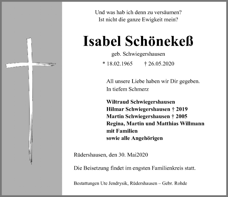  Traueranzeige für Isabel Schönekeß vom 30.05.2020 aus Eichsfelder Tageblatt