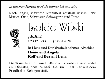 Traueranzeige von Isolde Wilski von Märkischen Allgemeine Zeitung