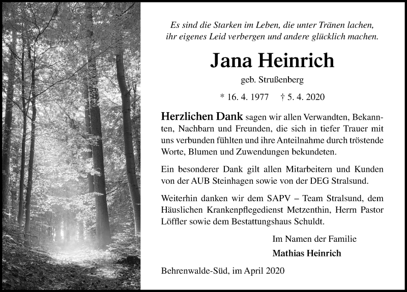  Traueranzeige für Jana Heinrich vom 16.05.2020 aus Ostsee-Zeitung GmbH