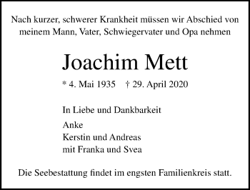 Traueranzeige von Joachim Mett von Lübecker Nachrichten
