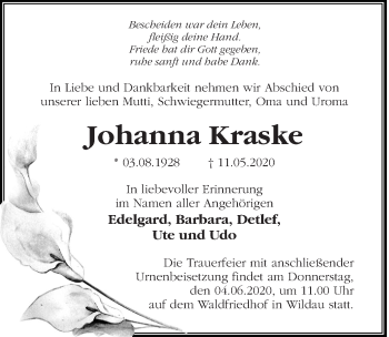 Traueranzeige von Johanna Kraske von Märkischen Allgemeine Zeitung