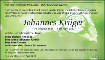 Traueranzeige von Johannes Krüger von Leipziger Volkszeitung