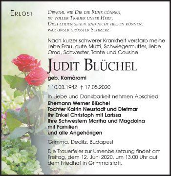 Traueranzeige von Judit Blüchel von Leipziger Volkszeitung