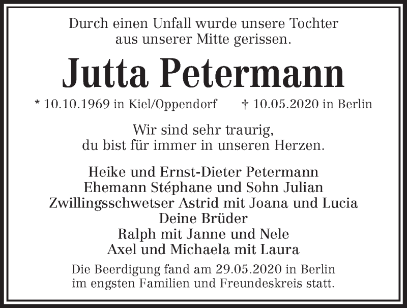  Traueranzeige für Jutta Petermann vom 30.05.2020 aus Kieler Nachrichten