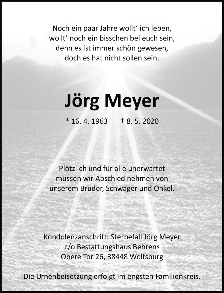  Traueranzeige für Jörg Meyer vom 13.05.2020 aus Aller Zeitung