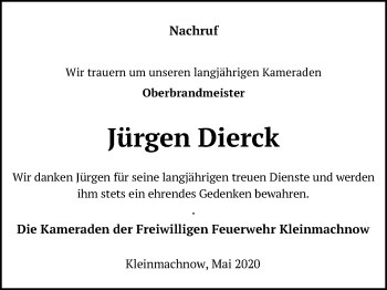 Traueranzeige von Jürgen Dierck von Märkischen Allgemeine Zeitung