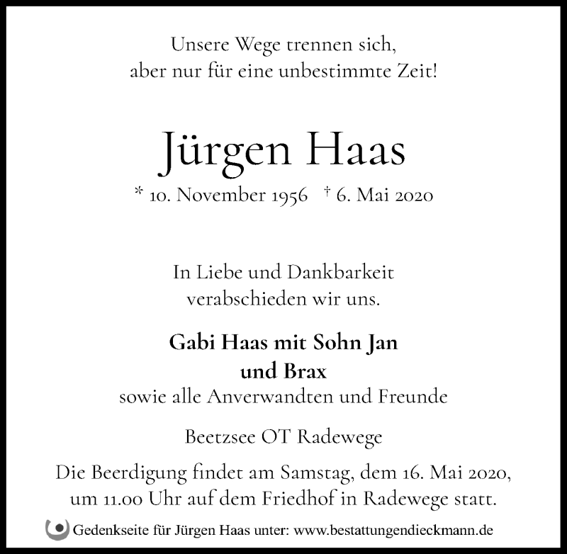  Traueranzeige für Jürgen Haas vom 09.05.2020 aus Märkischen Allgemeine Zeitung