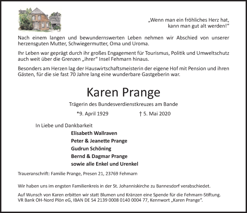  Traueranzeige für Karen Prange vom 10.05.2020 aus Lübecker Nachrichten