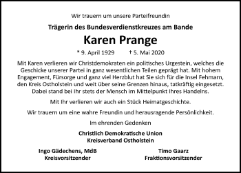 Traueranzeige von Karen Prange von Lübecker Nachrichten