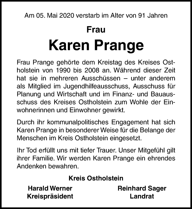  Traueranzeige für Karen Prange vom 09.05.2020 aus Lübecker Nachrichten