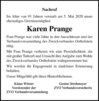 Traueranzeige von Karen Prange von Lübecker Nachrichten