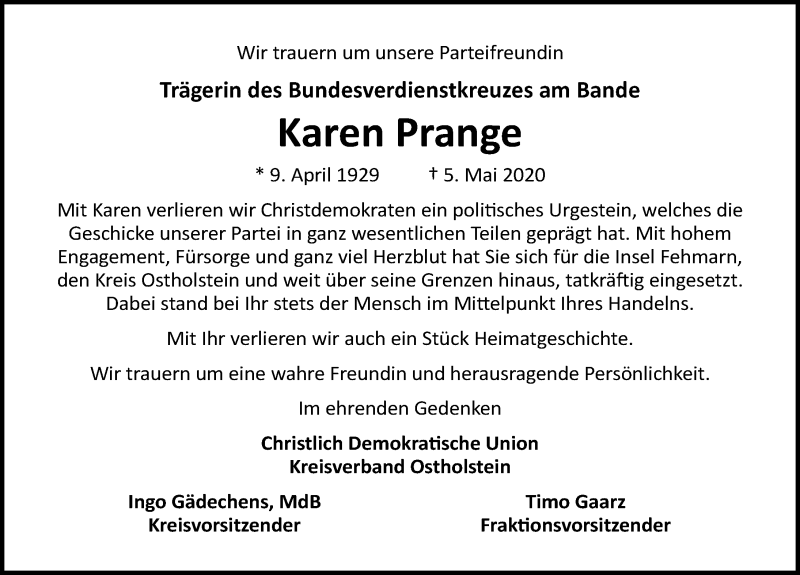  Traueranzeige für Karen Prange vom 09.05.2020 aus Lübecker Nachrichten