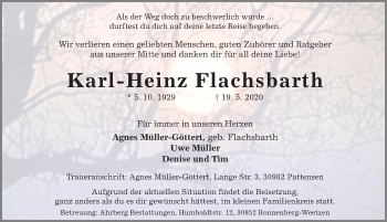 Traueranzeige von Karl-Heinz Flachsbarth von Hannoversche Allgemeine Zeitung/Neue Presse