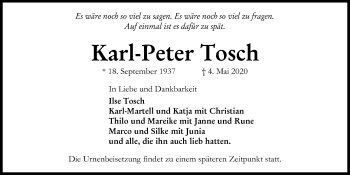Traueranzeige von Karl-Peter Tosch von Kieler Nachrichten