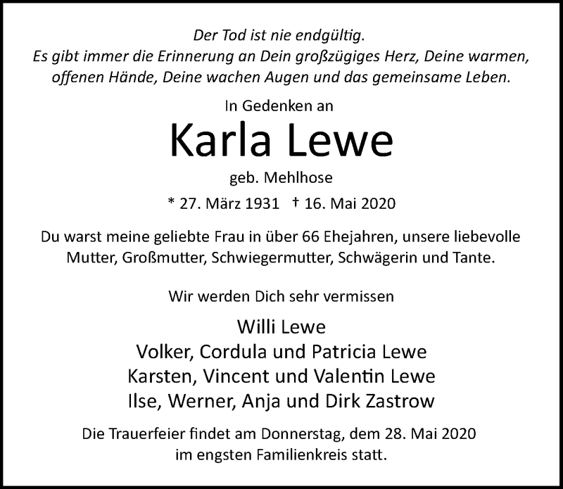  Traueranzeige für Karla Lewe vom 24.05.2020 aus Lübecker Nachrichten