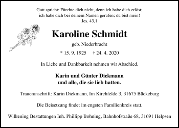 Traueranzeige von Karoline Schmidt von Schaumburger Nachrichten
