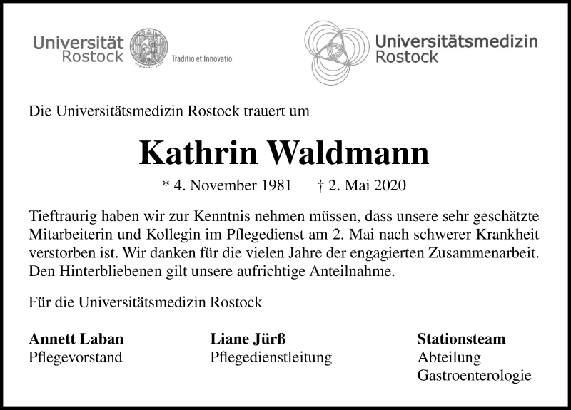  Traueranzeige für Kathrin Waldmann vom 16.05.2020 aus Ostsee-Zeitung GmbH