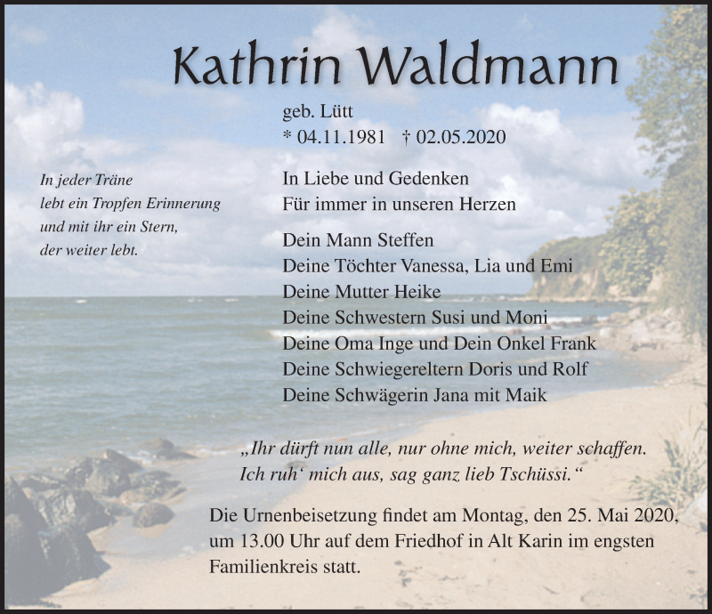 Traueranzeige für Kathrin Waldmann vom 09.05.2020 aus Ostsee-Zeitung GmbH