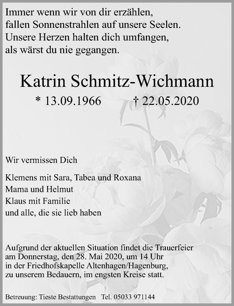  Traueranzeige für Katrin Schmitz-Wichmann vom 26.05.2020 aus Hannoversche Allgemeine Zeitung/Neue Presse