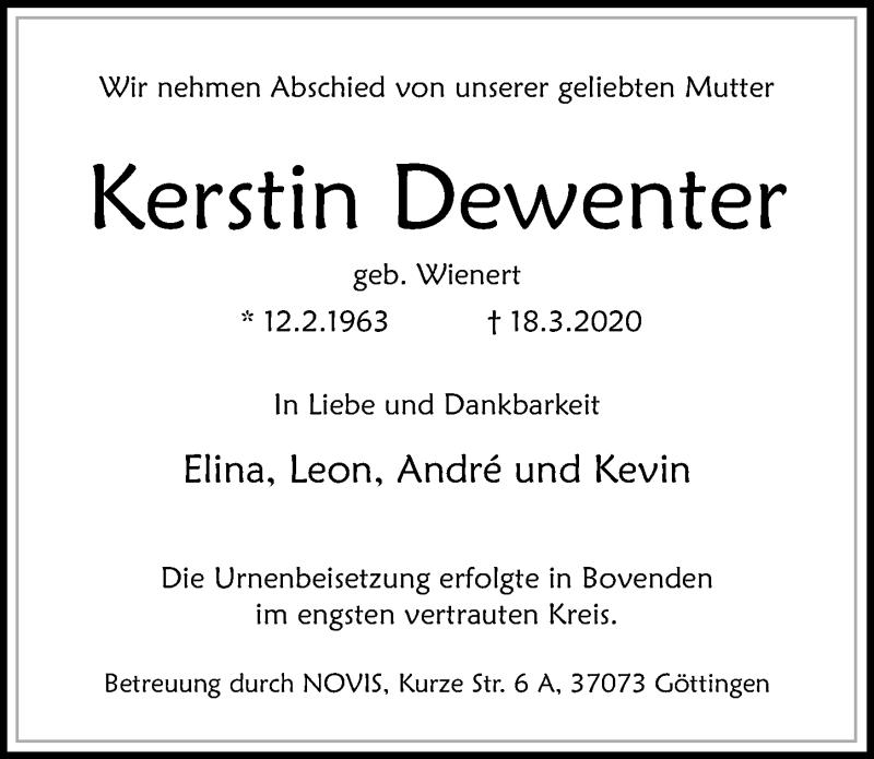  Traueranzeige für Kerstin Dewenter vom 23.05.2020 aus Göttinger Tageblatt