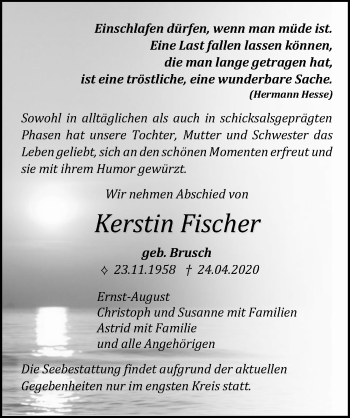 Traueranzeige von Kerstin Fischer von Ostsee-Zeitung GmbH