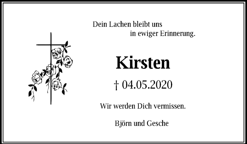  Traueranzeige für Kirsten Schulz vom 09.05.2020 aus Kieler Nachrichten