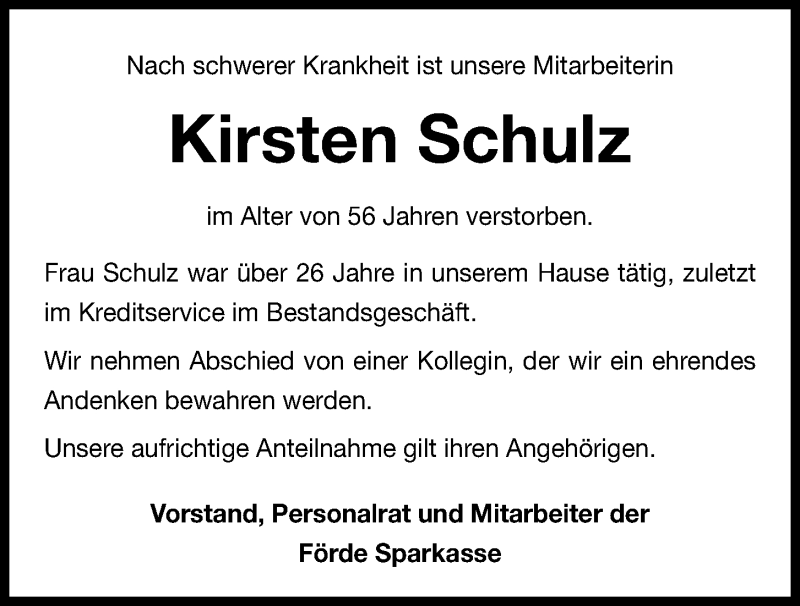  Traueranzeige für Kirsten Schulz vom 09.05.2020 aus Kieler Nachrichten