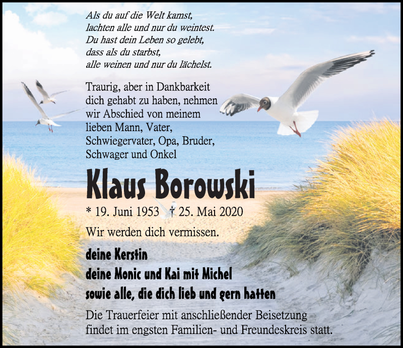  Traueranzeige für Klaus Borowski vom 30.05.2020 aus Ostsee-Zeitung GmbH