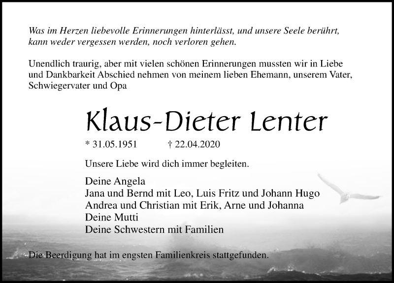  Traueranzeige für Klaus-Dieter Lenter vom 09.05.2020 aus Ostsee-Zeitung GmbH