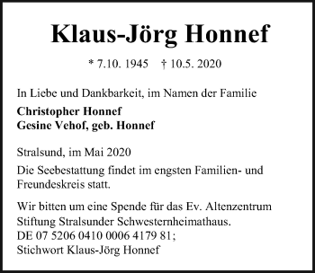 Traueranzeige von Klaus-Jörg Honnef von Ostsee-Zeitung GmbH