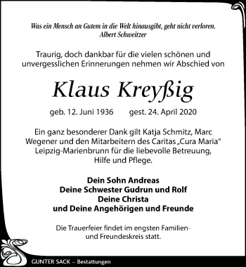 Traueranzeige von Klaus Kreyßig von Leipziger Volkszeitung