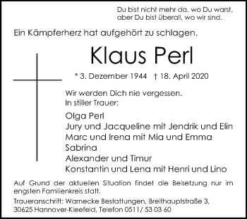 Traueranzeige von Klaus Perl von Hannoversche Allgemeine Zeitung/Neue Presse