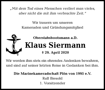 Traueranzeige von Klaus Siermann von Kieler Nachrichten