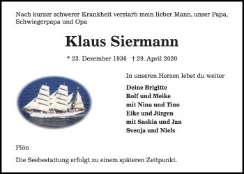 Traueranzeige von Klaus Siermann von Kieler Nachrichten